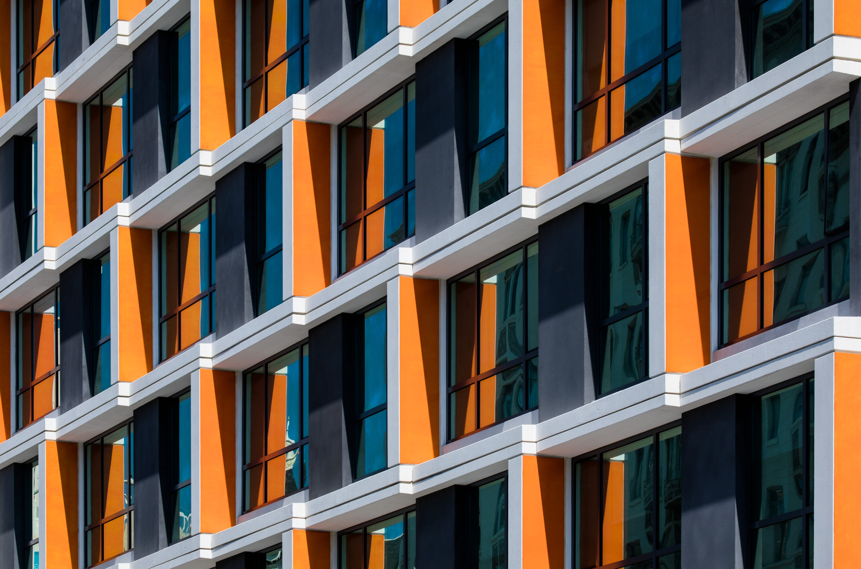 Colorful modern building facade with repetitive patterns.
