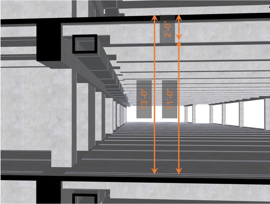 Rendering illustrating reduced floor height for netzero