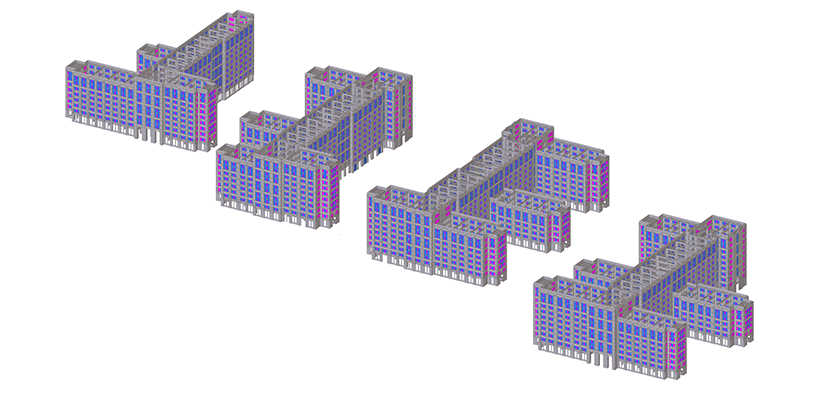 Precast concrete panels in the Tekla Structures model of Escondido Village Graduate Housing