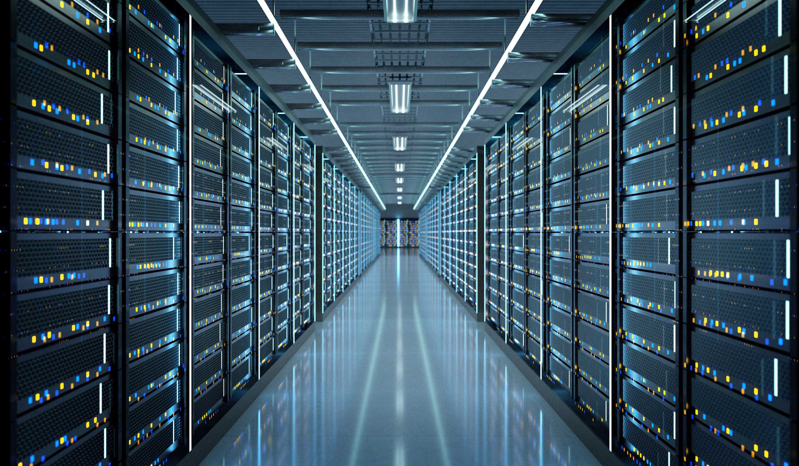 Long server room with illuminated data racks