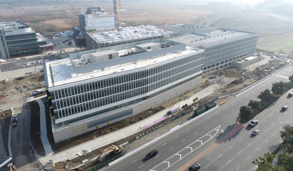 Aerial view of large modern office building.