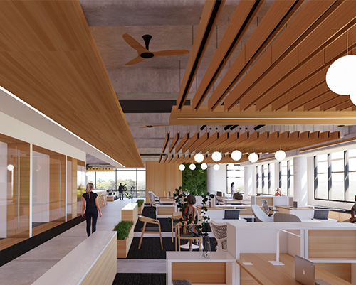 Modern open-plan office with wooden decor.
